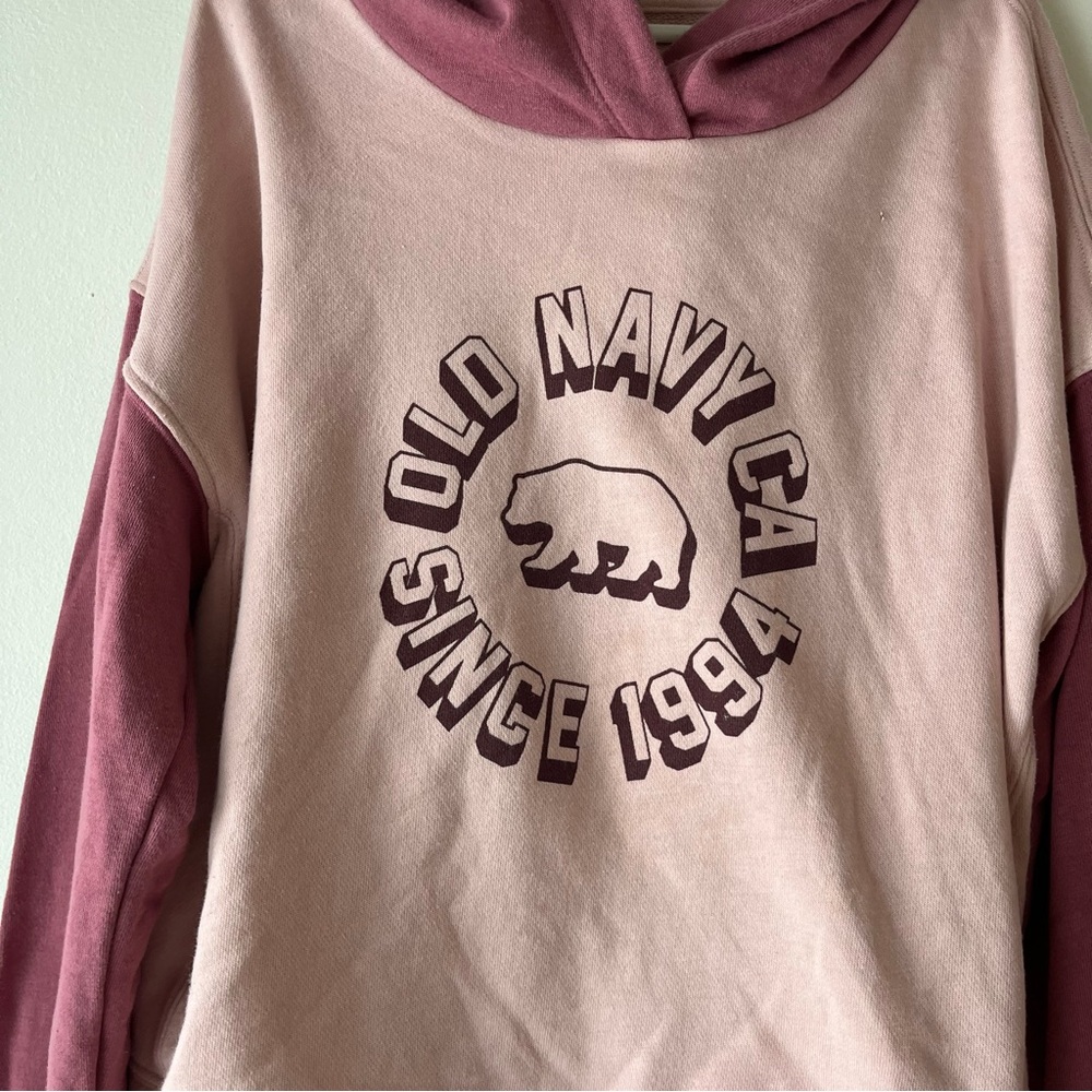 🌼 5/$25 Old Navy Pink Colorblock Bear Hoodie Kids L 10–12 Pullover Sweatshirt - Picture 3 of 11